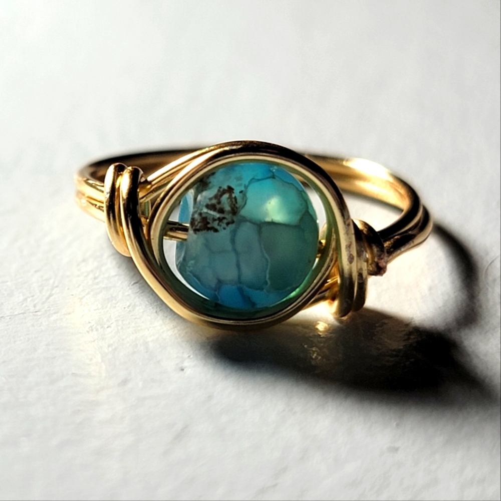 Wire Wrapped Green Gemstone Ring Size 7